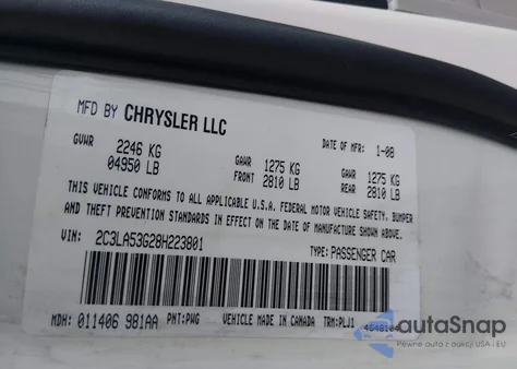 2008 Chrysler 300 Touring z USA, uszkodzony, nr VIN 2C3LA53G28H223801